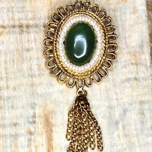 Jade Green Cabochon Faux Pearl Hold Tassel Dangle Pendant Brooch Pin Victorian
